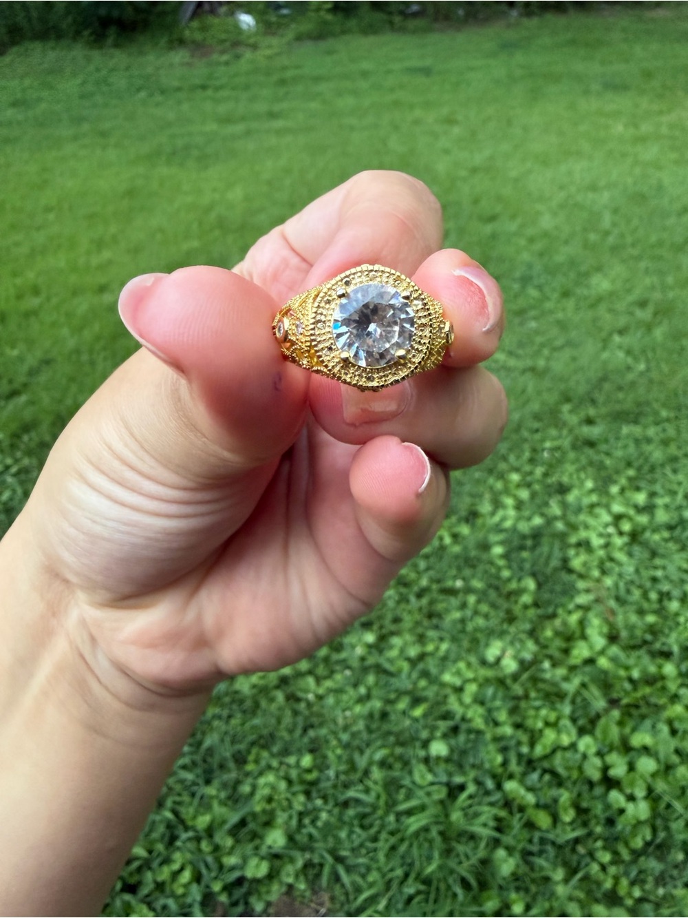 925 Sterling Silver Gold-Tone Ring with Clear Crystal Center